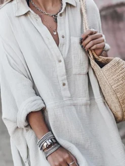 Women's Shirt Dress Shift Dress Midi Dress Outdoor Winter Dress Daily Cotton Polyester Basic Casual Shirt Collar Ruched Button Long Sleeve Summer Spring Fall 2023 Loose Fit White Dark Gray Pure Color -HANs Plus Size Style Shop yjyxge1631175015235