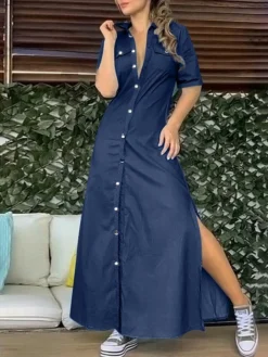 Women's Denim Dress Shirt Dress Shift Dress Maxi Long Dress Outdoor Vacation Denim Elegant Classic Shirt Collar Button Split Half Sleeve Summer Spring 2023 Regular Fit Black Navy Blue Light Blue Pure