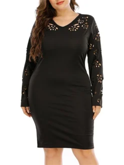 Women‘s Plus Size Curve Work Dress Sheath Dress Black Dress Fashion Midi Dress Cut Out V Neck Long Sleeve Plain Regular Fit Black Fall Winter XL XXL 3XL 4XL -HANs Plus Size Style Shop ylepma1691401420126