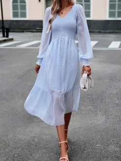 Women's Casual Dress Black Dress Plain Dress Midi Dress Ruched Street Daily Holiday Fashion Streetwear V Neck Long Sleeve 2023 Slim Black Blue Dark Blue Color S M L XL Size -HANs Plus Size Style Shop ylmyly1692685999442