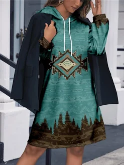 Women's Hoodie Dress Casual Dress Mini Dress Fashion Daily Outdoor Going Out Weekend V Neck Pocket Print Geometric Loose Fit Blue S M L XL XXL