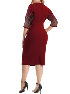 Women's Plus Size Curve Party Dress Cocktail Dress Sheath Dress Solid Color Midi Dress 3/4 Length Sleeve Patchwork Fake Two Piece Crew Neck Fashion Party Black Wine Fall Winter XL XXL 3XL 4XL 5XL -HANs Plus Size Style Shop ylpdam1695362729175