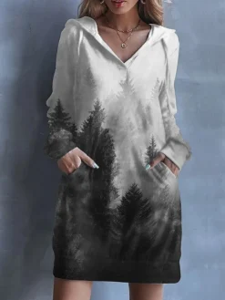 Women's Casual Dress Sweatshirt Dress Mini Dress Warm Fashion Outdoor Vacation Going Out Hoodie Pocket Print Graphic Loose Fit White S M L XL XXL