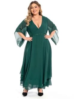 Women‘s Plus Size Curve Casual Dress Swing Dress Plain Long Dress Maxi Dress 3/4 Length Sleeve Layered V Neck Basic Outdoor Dark Green Summer Spring L XL XXL 3XL 4XL -HANs Plus Size Style Shop ylynmx1694771210441