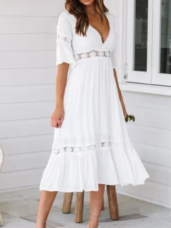 Women's Casual Dress Swing Dress Summer Dress Plain Ruffle V Neck Midi Dress Basic Fashion Outdoor Daily Half Sleeve Loose Fit White Spring Summer S M L XL -HANs Plus Size Style Shop ymsptd1673432784295