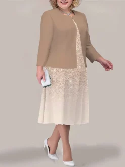 Women's Plus Size Curve Two Piece Dress Set Casual Dress Swing Dress Outdoor Office Fashion Streetwear Print Midi Dress Crew Neck Long Sleeve Leopard Ombre Yellow Pink Dark Pink Fall Winter L -HANs Plus Size Style Shop ymvptq1692942520103