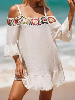 Women's Cover Up Beach Dress Beach Wear Mini Dress Ruffle Backless Ethnic Casual Floral Spaghetti Strap 3/4 Length Sleeve Loose Fit Outdoor Daily Black White 2023 Spring Summer One Size -HANs Plus Size Style Shop ymwpgk1672903077362