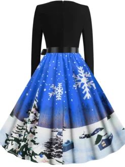 Women's Christmas Knee Length Dress Blue Purple Wine Gray Green Black Red Light Blue Long Sleeve Print Bow Print Fall Winter Round Neck Casual Vintage2021 S M L XL XXL -HANs Plus Size Style Shop ynifvg1629971949851