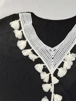 Women's Long Dress Maxi Dress Casual Dress Swing Dress Kaftan Dress Print Fashion Streetwear Outdoor Daily Vacation Tassel Fringe Patchwork Short Sleeve V Neck Dress Loose Fit Black White Light Purple -HANs Plus Size Style Shop ynirio1676277803365