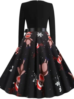 Women's Christmas Knee Length Dress Wine Green Orange Black Red Brown Navy Blue Long Sleeve Print Bow Print Fall Winter V Neck Casual Vintage2021 S M L XL XXL 3XL -HANs Plus Size Style Shop ynljlr1629971432528