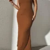 Women's Plus Size Curve Party Dress Wedding Guest Dress Bodycon Long Dress Maxi Dress Brown Long Sleeve Pure Color Backless Fall Winter Autumn Halter Neck Fashion Wedding Guest Vacation XL XXL 3XL