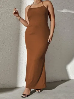 Women's Plus Size Curve Party Dress Wedding Guest Dress Bodycon Long Dress Maxi Dress Brown Long Sleeve Pure Color Backless Fall Winter Autumn Halter Neck Fashion Wedding Guest Vacation XL XXL 3XL