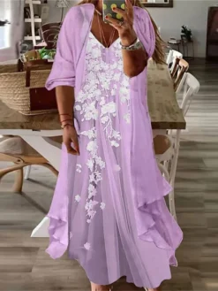 Women‘s Plus Size Curve Casual Dress Floral V Neck Print 3/4 Length Sleeve Fall Spring Vintage Casual Maxi Long Dress Daily Vacation Dress -HANs Plus Size Style Shop yoenob1649760916555