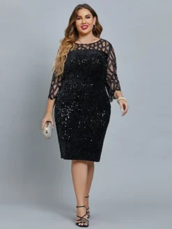 Women's Plus Size Curve Party Dress Solid Color Crew Neck Sequins 3/4 Length Sleeve Spring Fall Sequins Prom Dress Midi Dress Formal Party Dress / Sequin Dress / Mesh -HANs Plus Size Style Shop yoeqcy1666148787920