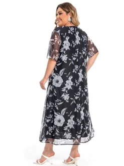 Women‘s Plus Size Curve Casual Dress Lace Dress Dress Set Floral Midi Dress 3/4 Length Sleeve Print Crew Neck Fashion Office Black Summer Spring L XL XXL 3XL 4XL -HANs Plus Size Style Shop yohyed1694770749756