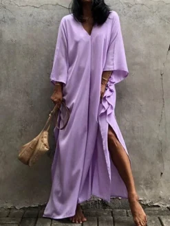 Women's Cover Up Beach Dress Beach Wear Long Dress Maxi Dress Split Basic Casual Plain V Neck 3/4 Length Sleeve Loose Fit Outdoor Daily White Yellow 2023 Spring Summer One Size -HANs Plus Size Style Shop yokivn1672912303848