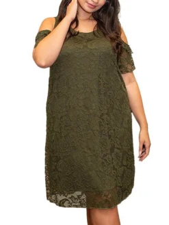 Women's Plus Size Curve Casual Dress Lace Dress A Line Dress Plain Mini Dress Short Sleeve Lace Patchwork V Neck Fashion Outdoor ArmyGreen Blue Fall Winter XL XXL 3XL 4XL -HANs Plus Size Style Shop yombxh1695025628581