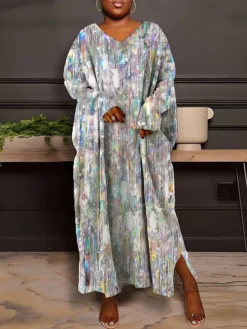 Women's Plus Size Curve Casual Dress Sweatshirt Dress Winter Dress Gradient Marbling Long Dress Maxi Dress Long Sleeve Split Print V Neck Fashion Outdoor Silver Yellow Fall Winter L XL XXL 3XL 4XL -HANs Plus Size Style Shop ypfvrp1693386581959