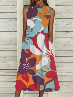 Women‘s A Line Dress Midi Dress Sleeveless Floral Pocket Cold Shoulder Print Spring Summer Round Neck Casual Vintage Going Out 2023 S M L XL XXL Cotton -HANs Plus Size Style Shop yplxzh1617761867034