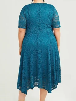 Women's Plus Size Curve Party Dress Lace Dress Cocktail Dress Midi Dress Blue Purple Half Sleeve Pure Color Lace Summer Spring Fall V Neck Fashion Birthday Wedding Guest Vacation 2023 XL XXL 3XL -HANs Plus Size Style Shop ypphne1692156271829