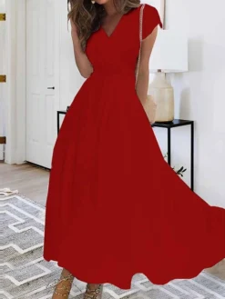 Women's Long Dress Maxi Dress Casual Dress Chiffon Dress Swing Dress Pure Color Casual Mature Outdoor Daily Date Ruched Short Sleeve V Neck Dress Regular Fit White Pink Red Summer Spring M L XL XXL -HANs Plus Size Style Shop yppmcl1684489562719
