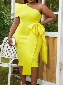 Women's Plus Size Curve Party Dress Cocktail Dress Bodycon Plain Midi Dress Short Sleeve Ruffle Bow One Shoulder Fashion Party Yellow Pink Fall Winter XL XXL 3XL 4XL