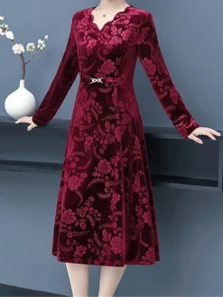 Women's Plus Size Party Dress Velvet Dress Cocktail Dress Midi Dress Wine Blue Purple Long Sleeve Floral Jacquard Spring Fall Winter Split Neck Fashion Winter Dress Wedding Guest Vacation 2023 XL XXL -HANs Plus Size Style Shop yqdpmx1692242388603