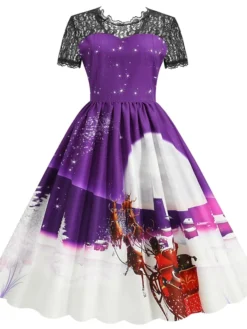 Women's Christmas Casual Dress Swing Dress Midi Dress Blue Purple Red Short Sleeve Elk Print Lace Print Winter Fall Crew Neck Vacation Vintage 2022 S M L XL XXL 3XL -HANs Plus Size Style Shop yqnvoz1666597366337