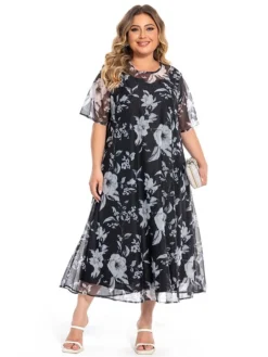 Women‘s Plus Size Curve Casual Dress Lace Dress Dress Set Floral Midi Dress 3/4 Length Sleeve Print Crew Neck Fashion Office Black Summer Spring L XL XXL 3XL 4XL -HANs Plus Size Style Shop yqomnz1694770753052
