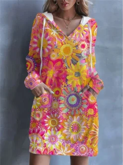 Women's Casual Dress Hoodie Dress Shift Dress Floral Pocket Drawstring Hooded Mini Dress Fashion Streetwear Outdoor Daily Long Sleeve Loose Fit Yellow Pink Green Spring Fall S M L XL XXL