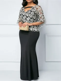 Women‘s Plus Size Curve Easter Dress Party Dress Solid Color V Neck Lace Half Sleeve Fall Spring Dress Elegant Prom Dress Maxi Dress Formal Dress -HANs Plus Size Style Shop yquzou1640073826984