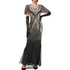 Women's Retro 1920s Sequin Dress Long Dress Maxi Dress Party Halloween Sequins Mesh Geometric V Neck Sleeveless Regular Fit Spring Fall 2023 Black Red XS S M L -HANs Plus Size Style Shop yrhcif1692616098005
