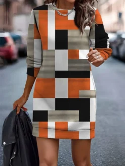 Women's Casual Dress Sweatshirt Dress Mini Dress Warm Fashion Outdoor Vacation Going Out Crew Neck Print Geometric Loose Fit Red Blue Orange S M L XL XXL -HANs Plus Size Style Shop yrhcya1696759911250