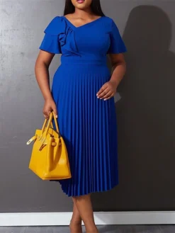 Women‘s Plus Size Curve Party Dress Solid Color V Neck Ruched Short Sleeve Fall Spring Work Prom Dress Maxi Long Dress Party Holiday Dress Ruffle -HANs Plus Size Style Shop yrivib1648636998156