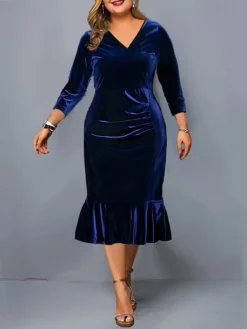 Women's Plus Size Curve Party Dress Velvet Dress Winter Dress Solid Color Midi Dress Long Sleeve Ruched V Neck Fashion Party Black Wine Fall Winter L XL XXL 3XL 4XL -HANs Plus Size Style Shop yrnvfj1694591780917