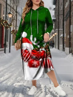 Women's Plus Size Curve Christmas Dress Hoodie Dress Casual Dress Santa Claus Elk Long Dress Maxi Dress Long Sleeve Pocket Print Hooded Fashion Outdoor Black Wine Fall Winter L XL XXL 3XL 4XL -HANs Plus Size Style Shop ysfapo1697633213905