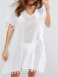 Women's Cover Up Beach Dress Beach Wear Mini Dress Tassel Fringe Basic Casual Plain V Neck Half Sleeve Loose Fit Outdoor Daily Black White 2023 Spring Summer M -HANs Plus Size Style Shop ysmjfs1672903125398