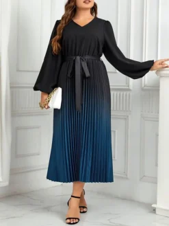 Women's Plus Size Curve Party Dress Casual Dress Sheath Dress Gradient Midi Dress Long Sleeve Lace Up Pleated V Neck Fashion Party Deep Blue Fall Winter XL XXL 3XL 4XL -HANs Plus Size Style Shop ysqtmj1694594742458