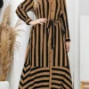 Women's Plus Size Shirt Dress Casual Dress Swing Dress Midi Dress Outdoor Daily Date Polyester Fashion Modern Shirt Collar Lace Up Button Long Sleeve Fall Winter 2023 Loose Fit Brown Striped L XL 2XL