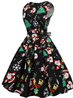 Women's Christmas Swing Dress Knee Length Dress Black SleevelessSnowman Candy Zipper Bow Print Fall Spring Round Neck VintageParty 2021 S M L XL XXL XXXL -HANs Plus Size Style Shop ysvrhm1628230560609