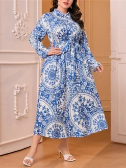 Women's Plus Size Curve Prom Dress Party Dress Wedding Guest Dress Long Dress Maxi Dress Blue Long Sleeve Flower Lace Up Fall Winter Autumn Shirt Collar Fashion Evening Party Wedding Guest -HANs Plus Size Style Shop ytfaln1692948667825