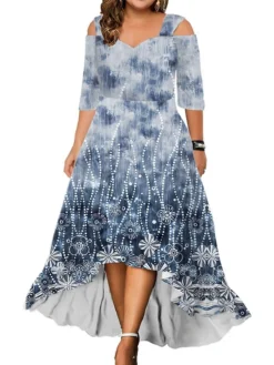 Women‘s Plus Size Curve Party Dress Wedding Guest Dress Swing Dress Long Dress Maxi Dress Blue Light Purple Purple 3/4 Length Sleeve Floral Cold Shoulder Summer Spring Fall V Neck Fashion Birthday -HANs Plus Size Style Shop ytoybt1690428398004