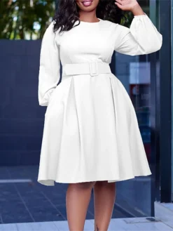 Women's Casual Dress Plain Dress Spring Dress Midi Dress Ruched With Belt Street Daily Holiday Fashion Streetwear Crew Neck Long Sleeve 2023 Regular Fit White Yellow Royal Blue Color S M L XL XXL Size -HANs Plus Size Style Shop ytpsnp1692706900515