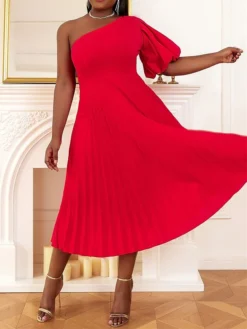 Women's Plus Size Curve Party Dress Cocktail Dress Swing Dress Plain Midi Dress Half Sleeve Pleated One Shoulder Fashion Party Red Fall Winter XL XXL 3XL 4XL -HANs Plus Size Style Shop ytyxhi1694425972630