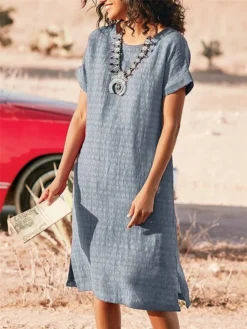 Women's Shift Dress Midi Dress Black White Red Short Sleeve Pure Color Split Spring Summer Crew Neck Basic Loose Fit 2023 S M L XL XXL 3XL -HANs Plus Size Style Shop yufrki1654595772775