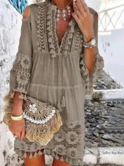 Women's Shift Dress Boho Dress Mini Dress White Yellow Pink 3/4 Length Sleeve Pure Color Tassel Fringe Summer Spring V Neck Vacation Loose Fit 2023 S M L XL XXL 3XL 4XL 5XL -HANs Plus Size Style Shop yujrzb1681444576153