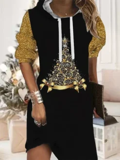 Women's Christmas Hoodie Dress Shift Dress Mini Dress Black Long Sleeve Tree Print Fall Spring Hooded Daily Vacation Loose Fit 2022 S M L XL XXL 3XL