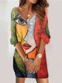 Women's Casual Dress Winter Dress Sweatshirt Dress Abstract Zipper Print V Neck Mini Dress Fashion Streetwear Outdoor Daily 3/4 Length Sleeve Loose Fit Purple Fuchsia Green Fall Winter S M L XL XXL