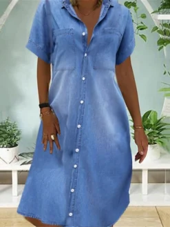 Women's Casual Dress Denim Shirt Dress Midi Dress Denim Fashion Modern Outdoor Daily Shirt Collar Button Pocket Short Sleeve Summer Spring 2023 Regular Fit Blue Plain S M L XL 2XL