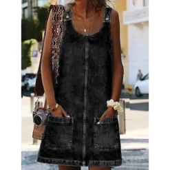 Women's Casual Dress Shift Dress Denim Overall Pinafore Dress Mini Dress Denim Fashion Modern Outdoor Daily Vacation U Neck Pocket Sleeveless Summer Spring 2023 Regular Fit Black Blue Gray Plain S M -HANs Plus Size Style Shop yurhih1680073529388
